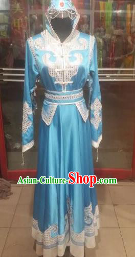 Chinese Traditional Mongolian Folk Dance Costume China Mongol Nationality Blue Dress for Women