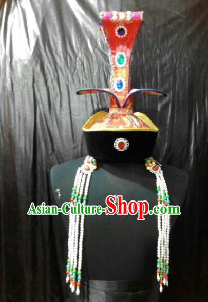 Chinese Traditional Mongolian Bride Tassel Hats China Mongol Nationality Wedding Headwear for Women