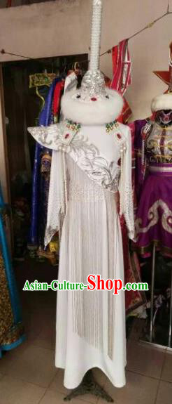 Chinese Traditional Mongolian Bride Costume China Mongol Nationality Folk Dance White Dress for Women