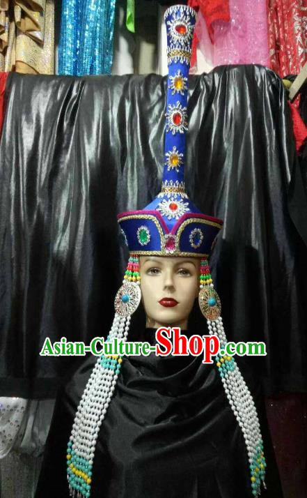 Chinese Traditional Mongolian Bride Royalblue Hats China Mongol Nationality Wedding Headwear for Women