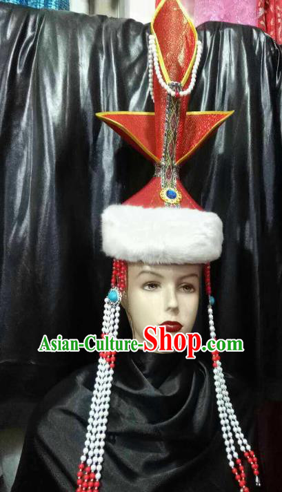 Chinese Traditional Mongolian Folk Dance Red Hats China Mongol Nationality Bride Wedding Headwear for Women