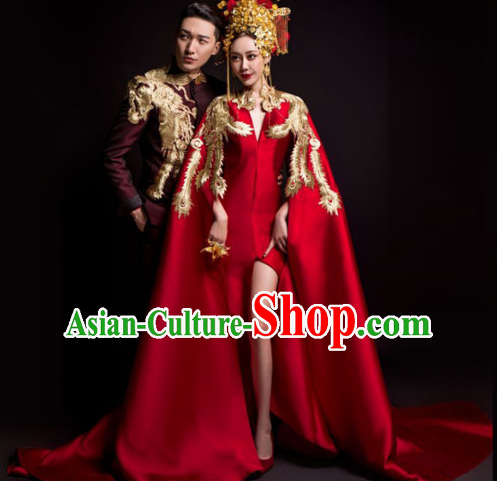 Top Chinese Classical Model Stage Evening Dress and Crown Complete Set