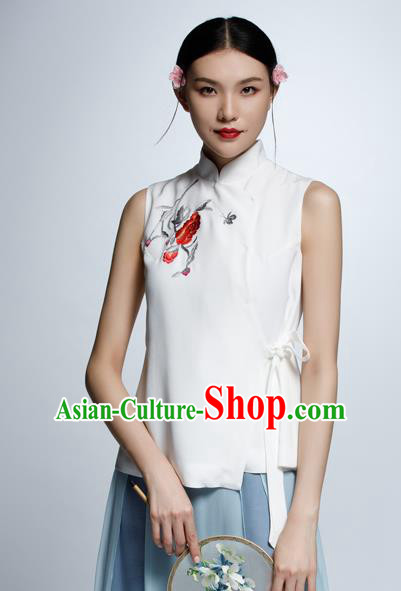 Chinese Traditional Costume Embroidered White Cheongsam Blouse China National Upper Outer Garment Shirt for Women