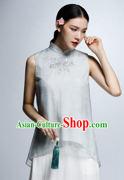 Chinese Traditional Costume Embroidered Grey Cheongsam Blouse China National Upper Outer Garment Shirt for Women