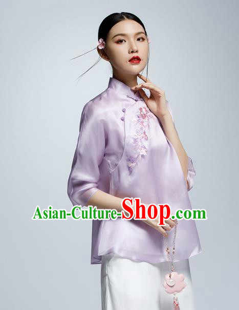 Chinese Traditional Costume Embroidered Purple Cheongsam Blouse China National Upper Outer Garment Shirt for Women