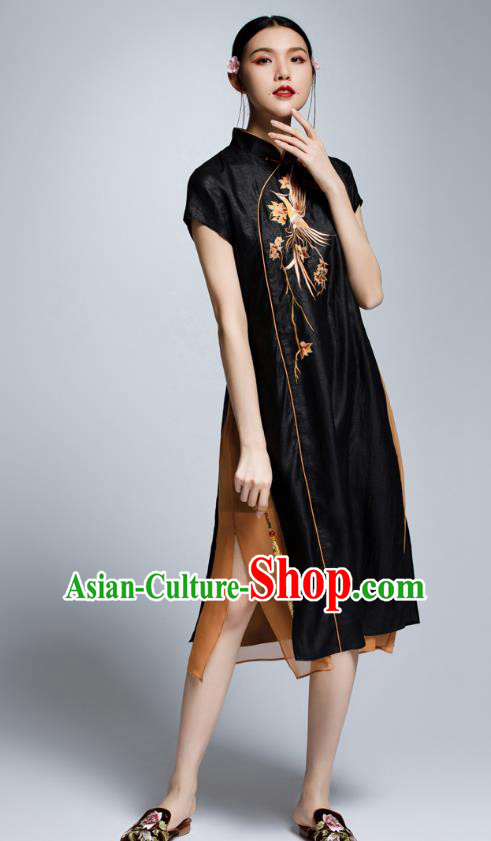 Chinese Traditional Embroidered Crane Black Cheongsam China National Costume Tang Suit Qipao Dress for Women
