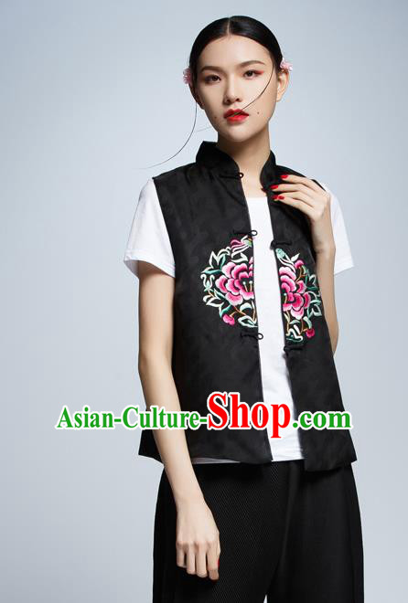 Chinese Traditional Costume Black Cheongsam Vest China National Upper Outer Garment Waistcoat for Women