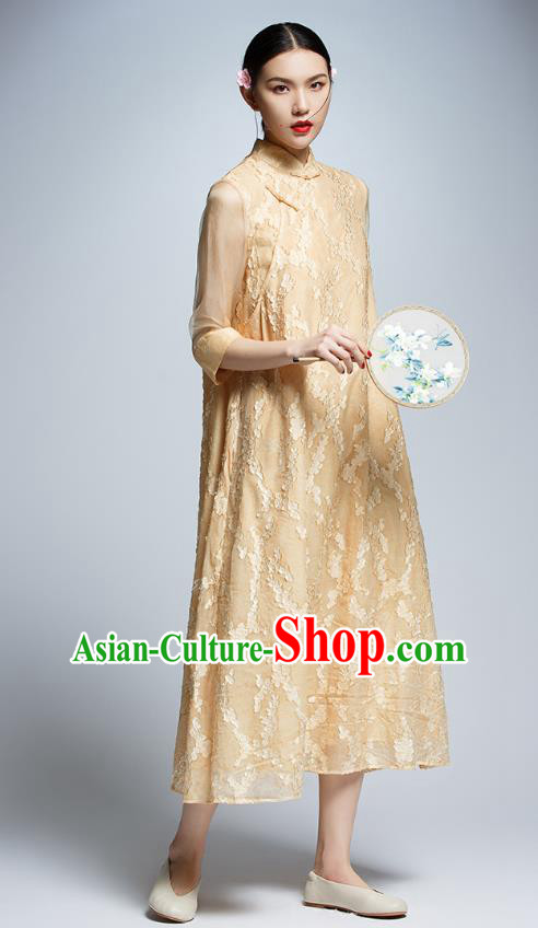 Chinese Traditional Embroidered Yellow Lace Cheongsam China National Costume Tang Suit Qipao Dress for Women
