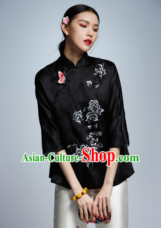 Chinese Traditional Costume Embroidered Black Cheongsam Blouse China National Upper Outer Garment Shirt for Women