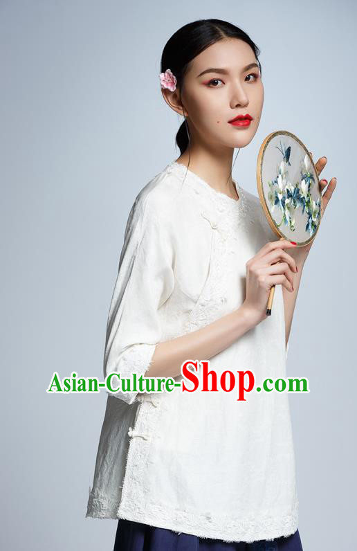 Chinese Traditional Costume White Lace Cheongsam Blouse China National Upper Outer Garment Shirt for Women