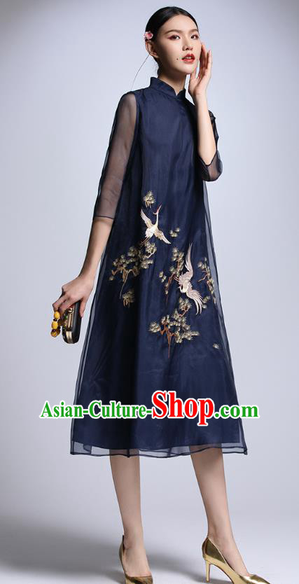 Chinese Traditional Tang Suit Embroidered Crane Navy Cheongsam China National Qipao Dress for Women