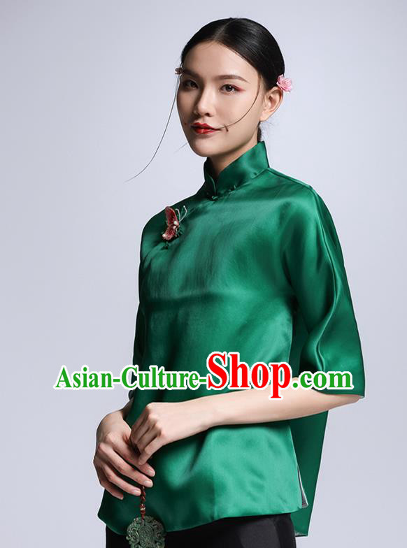 Chinese Traditional Tang Suit Green Silk Blouse China National Upper Outer Garment Cheongsam Shirt for Women