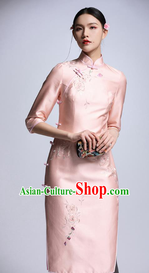 Chinese Traditional Tang Suit Embroidered Pink Cheongsam China National Qipao Dress for Women