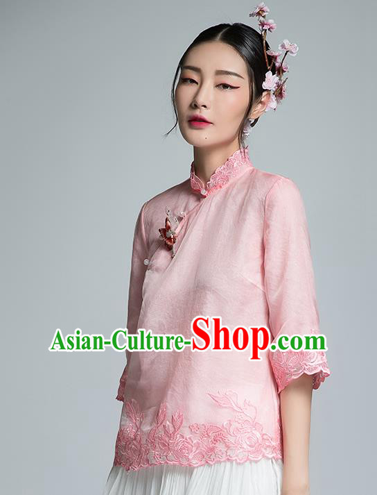 Chinese Traditional Tang Suit Embroidered Pink Blouse China National Upper Outer Garment Shirt for Women