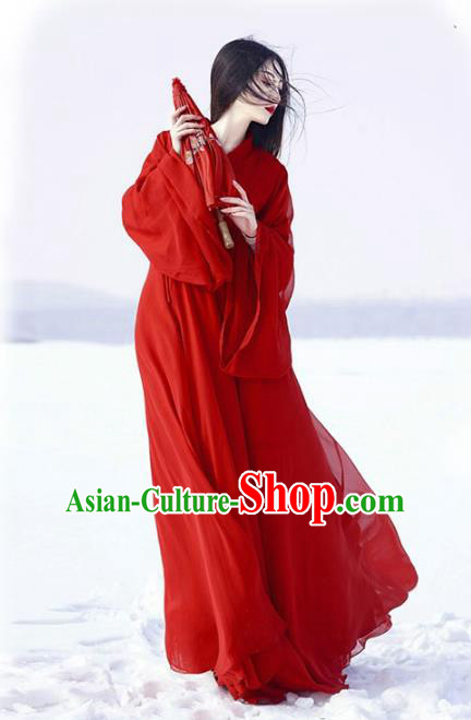 Chinese Jin Dynasty Swordswoman Red Hanfu Dress Ancient Palace Lady Costume for Women