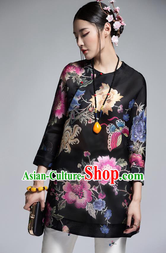 Chinese Traditional Tang Suit Printing Black Blouse China National Upper Outer Garment Shirt for Women
