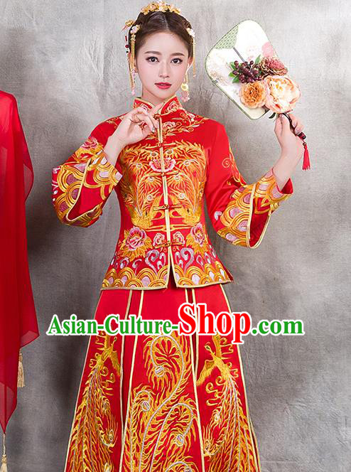 Traditional Chinese Ancient Bottom Drawer Embroidered Phoenix Xiuhe Suit Wedding Dress Toast Red Cheongsam for Women