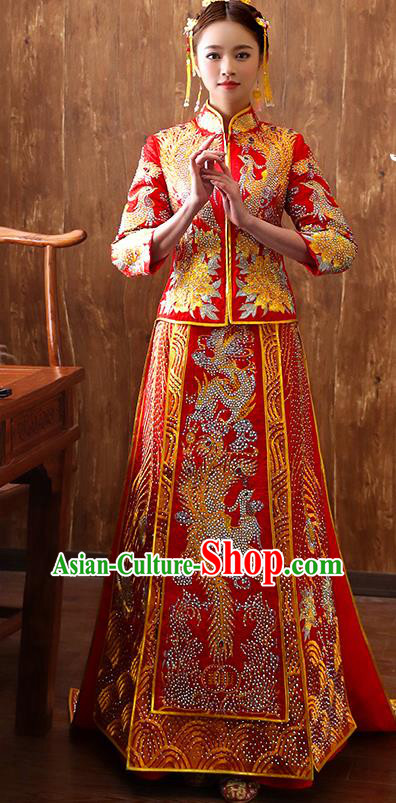 Traditional Chinese Ancient Diamante Bottom Drawer Embroidered Flowers Xiuhe Suit Wedding Dress Toast Cheongsam for Women