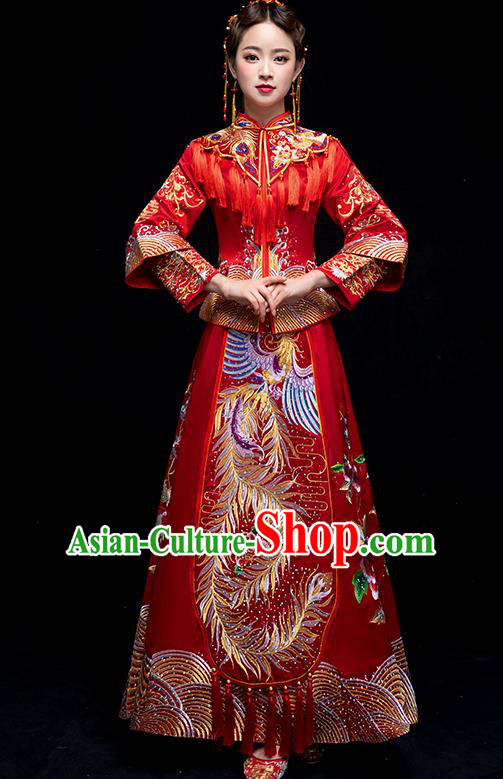 Chinese Traditional Wedding Red Embroidered Phoenix Peony Costume Ancient Bride Xiuhe Suit Clothing for Women
