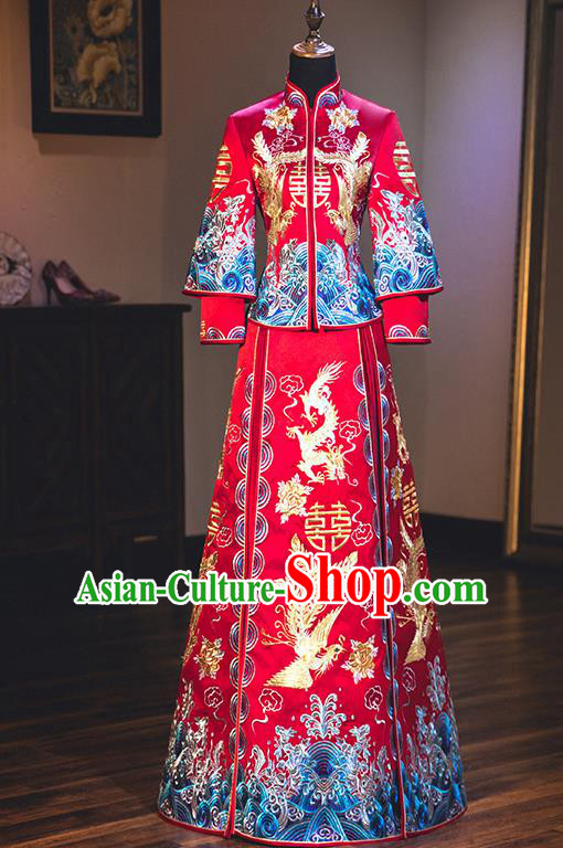Chinese Traditional Wedding Embroidered Dragon and Phoenix Bottom Drawer Ancient Bride Xiuhe Suit Costume for Women