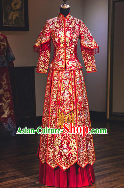 Chinese Traditional Wedding Delicate Embroidered Dress Diamante Bottom Drawer Ancient Bride Xiuhe Suit Costume for Women