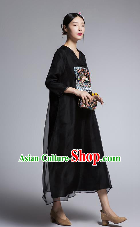 Chinese Traditional Tang Suit Embroidered Crane Black Cheongsam China National Qipao Dress for Women