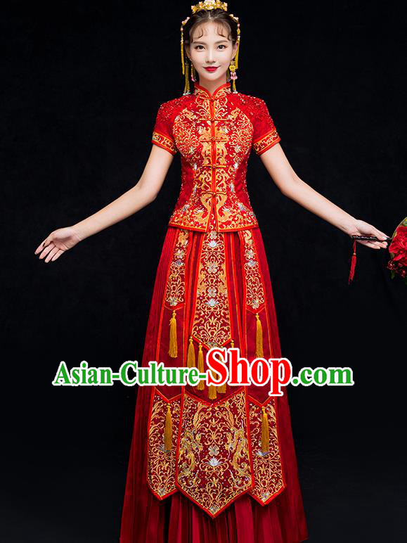 Chinese Traditional Embroidered Phoenix Xiuhe Suit Wedding Dress Ancient Bride Cheongsam for Women