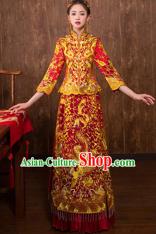 Chinese Traditional Embroidered Golden Phoenix Xiuhe Suit Wedding Dress Ancient Bride Cheongsam for Women