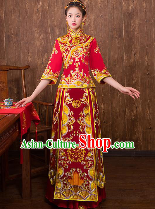 Chinese Traditional Embroidered Trailing Xiuhe Suit Wedding Dress Ancient Bride Cheongsam for Women