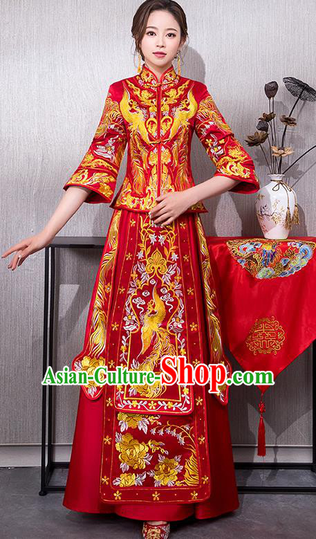 Chinese Traditional Embroidered Bridal Xiuhe Suit Wedding Dress Ancient Bride Cheongsam for Women
