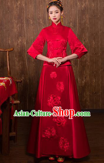 Chinese Traditional Embroidered Peony Bridal Xiuhe Suit Wedding Dress Ancient Bride Cheongsam for Women
