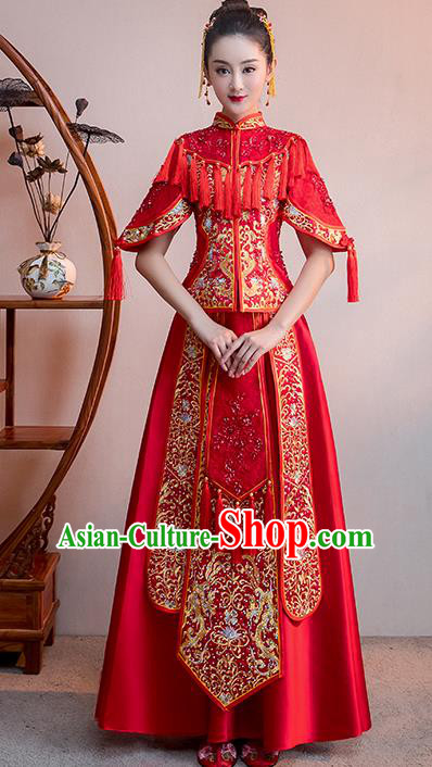 Chinese Traditional Bridal Red Tassel Xiuhe Suit Embroidered Wedding Dress Ancient Bride Cheongsam for Women