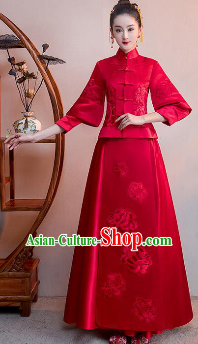 Chinese Traditional Bridal Red Toast Xiuhe Suit Embroidered Peony Wedding Dress Ancient Bride Cheongsam for Women