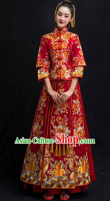 Chinese Traditional Bridal Toast Xiuhe Suit Wedding Dress Ancient Bride Embroidered Peony Cheongsam for Women