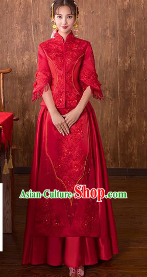 Chinese Traditional Bridal Embroidered Toast Xiuhe Suit Wedding Dress Ancient Bride Red Cheongsam for Women