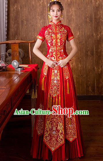 Chinese Traditional Embroidered Red Bottom Drawer Bridal Wedding Xiuhe Suit Ancient Toast Cheongsam for Women