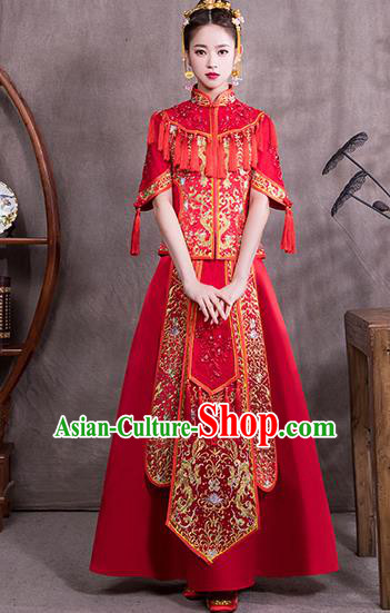 Chinese Traditional Embroidered Bridal Wedding Xiuhe Suit Ancient Toast Cheongsam Dress for Women