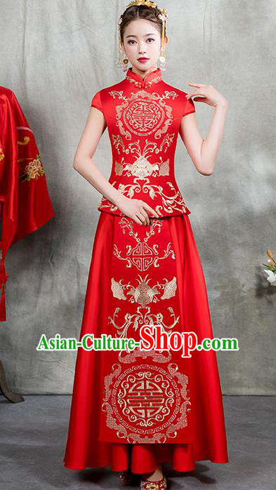 Chinese Traditional Embroidered Bridal Xiuhe Suit Ancient Wedding Toast Red Cheongsam Dress for Women