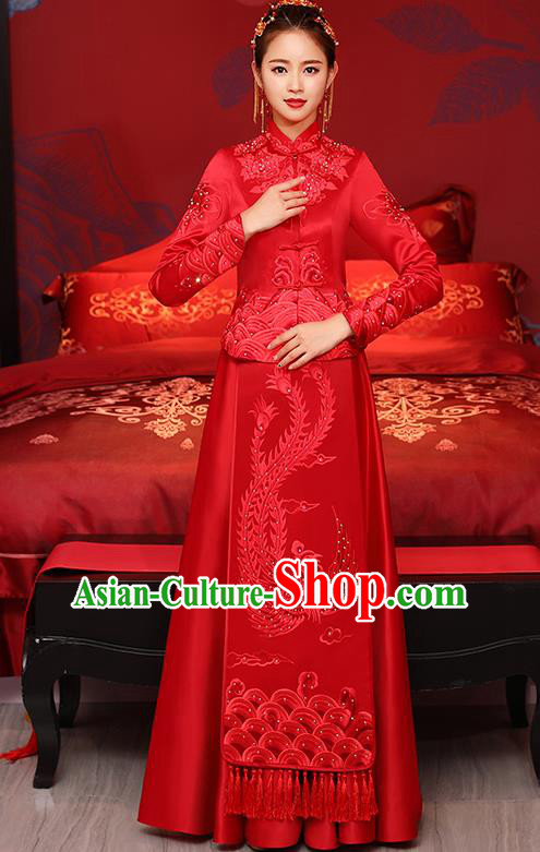Traditional Chinese Toast Cheongsam Ancient Embroidered Phoenix Bottom Drawer Xiuhe Suit Wedding Dress for Women