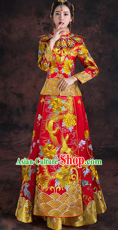 Traditional Chinese Trailing Toast Cheongsam Ancient Embroidered Phoenix Bottom Drawer Xiuhe Suit Wedding Dress for Women