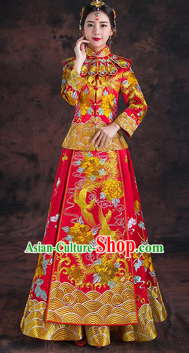 Traditional Chinese Red Toast Cheongsam Ancient Embroidered Phoenix Bottom Drawer Xiuhe Suit Wedding Dress for Women