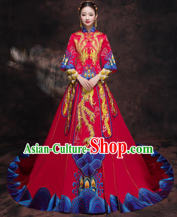 Chinese Traditional Embroidered Trailing Xiuhe Suit Longfeng Flown Ancient Bottom Drawer Wedding Dress for Women