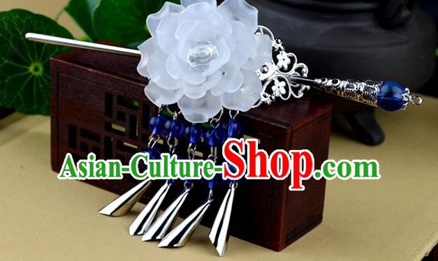 Chinese Traditional Ancient Hair Accessories Hanfu White Peony Hairdo Crown Tassel Hairpins Headwear for Women
