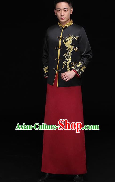 Chinese Traditional Bridegroom Embroidered Golden Dragons Costume Ancient Tang Suit Black Clothing for Men