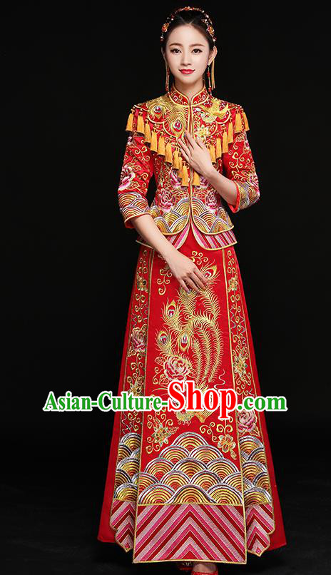 Chinese Traditional Embroidered Phoenix Xiuhe Suit Ancient Bottom Drawer Wedding Dress for Women