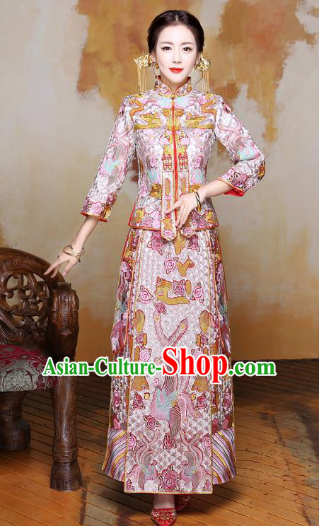 Chinese Traditional Xiuhe Suit Embroidered Phoenix Pink Longfeng Flown Ancient Wedding Dress for Women