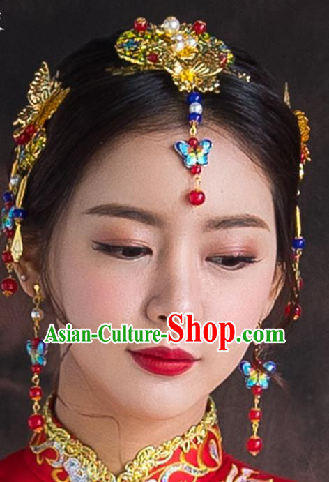 Chinese Traditional Wedding Hair Accessories Bride Blueing Butterfly Hairpins Complete Set for Women