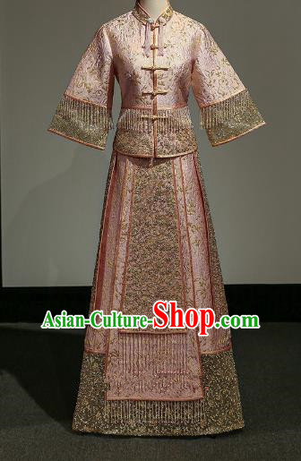 Chinese Traditional Wedding Xiuhe Suit Ancient Longfeng Flown Bride Embroidered Pink Dress for Women