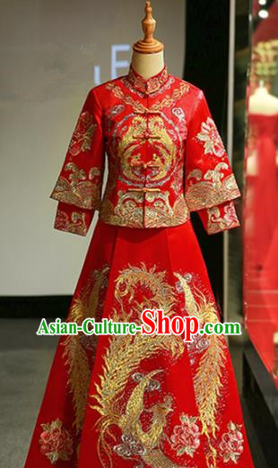 Chinese Traditional Bride Embroidered Phoenix Cheongsam Xiuhe Suit Ancient Wedding Longfeng Flown Dress for Women