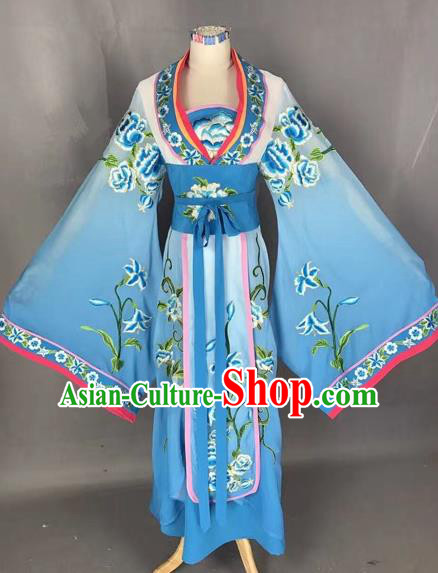 Chinese Traditional Peking Opera Diva Blue Embroidered Dress Ancient Imperial Consort Costume for Adults
